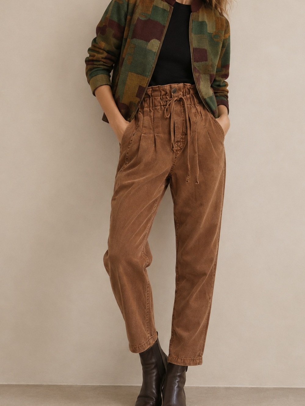Free People Brown Margate Pleated Paper Bag Trouser Cargo Utility Jogger Pants